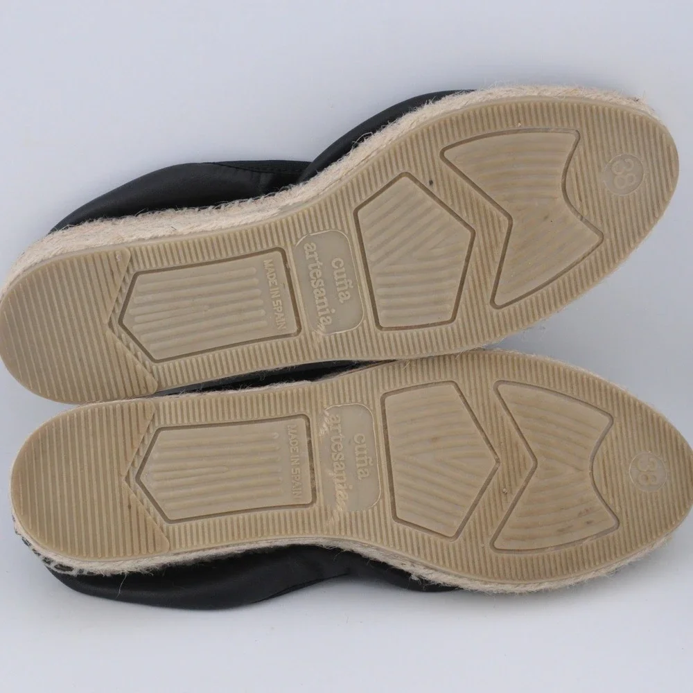 Viscata Barcelona‎ Leather Espadrille Wedge 38 Black Excellent Made in Spain